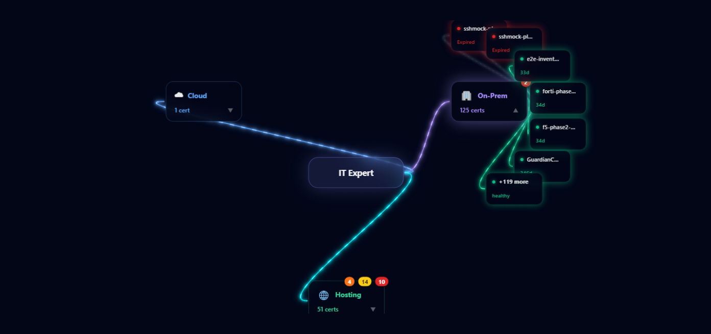Blast radius map from the Guardian CLM dashboard. Certificates are grouped into Cloud, On-Prem and Hosting nodes around the IT Expert tenant, and expired certificates are marked red.